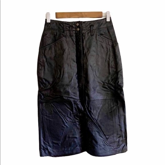NWT Vintage 90s Y2K Black Leather Midi Skirt - Picture 1 of 9